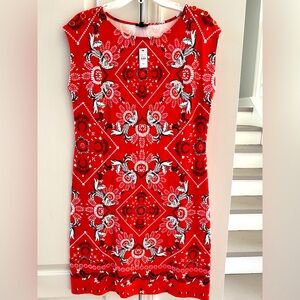 NWT Talbots Petite Medium Red White and Blue Bandana Bird Shift Dress